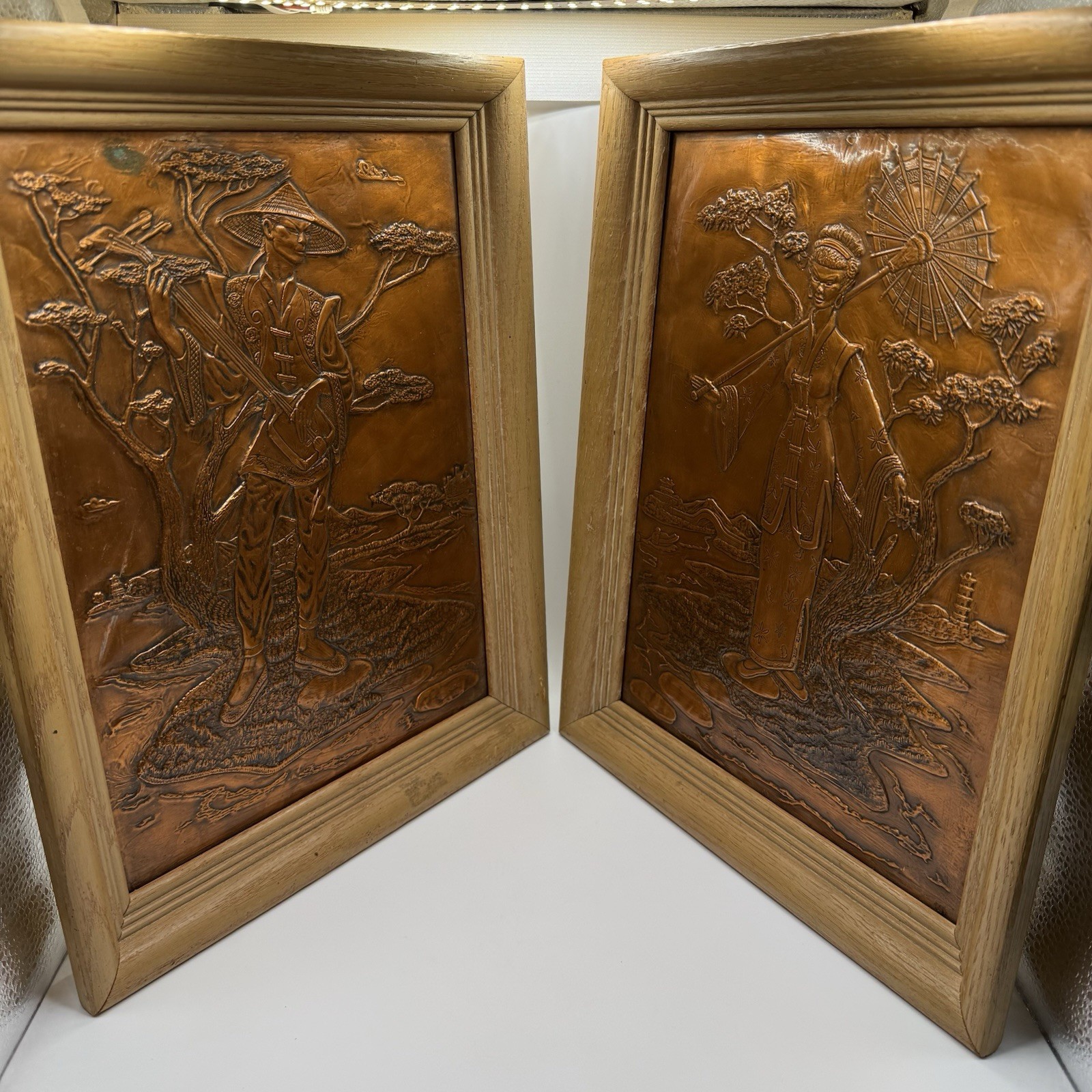 Set of 2 Vintage Embossed Copper Asian Wall Art Panels