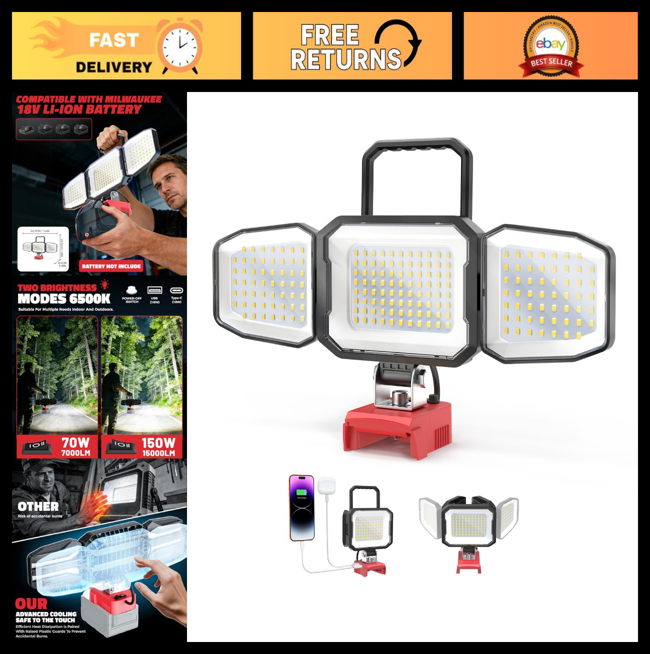 LED Work Light Compatible with Milwaukee 18V Battery, 150W 15000LM Flood Light,