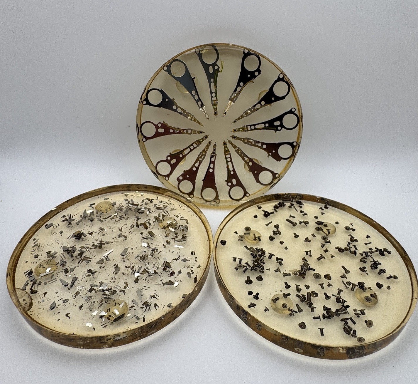 Vintage Lucite Coasters Industrial Embedded Metal MCM Resin Art Lot 3
