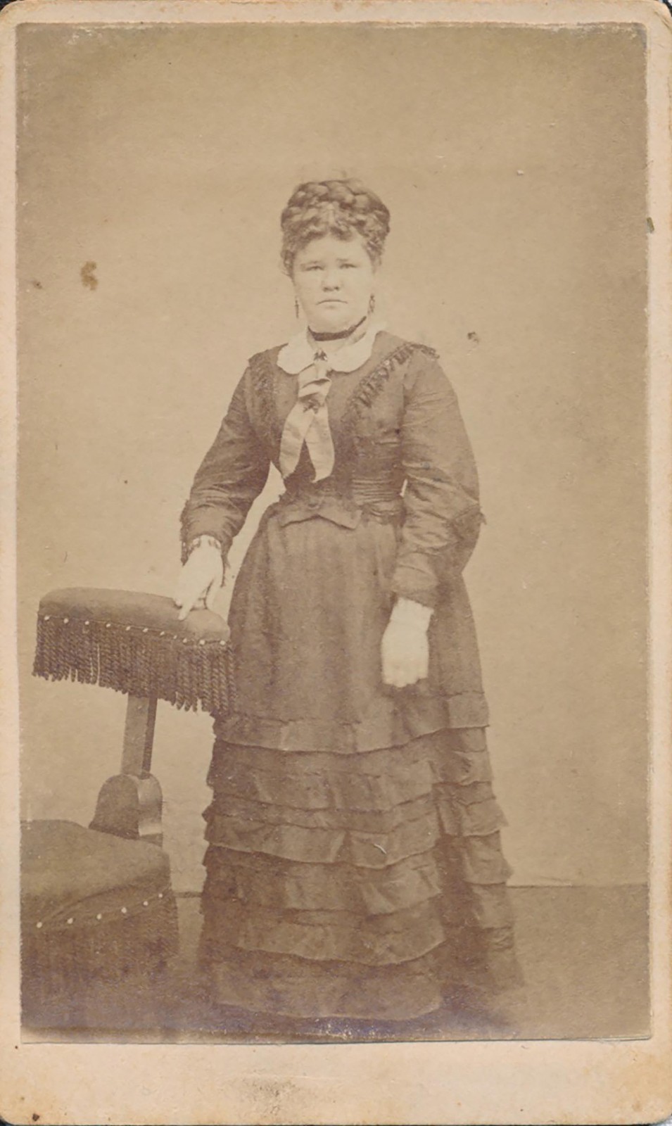 CDV Antique Photo Carte Visite Woman Tiered Ruffle Dress Selinsgrove PA Roshon