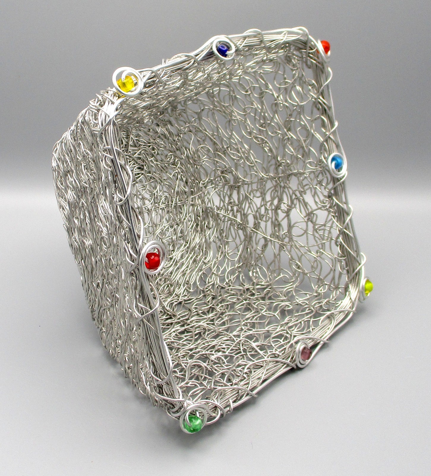 Decorative 8″ Square x 4″ High Wire Basket with Colored Beads