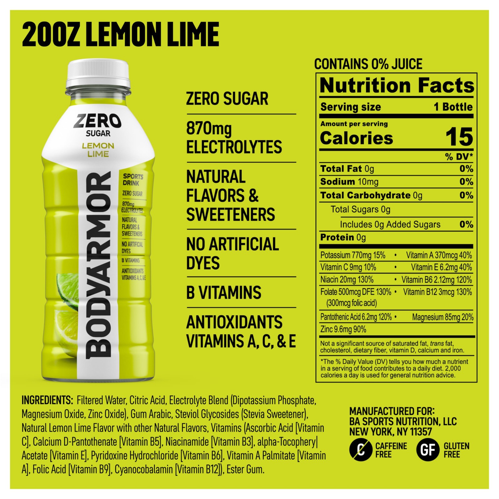 ZERO Sugar Lemon Lime Electrolyte Drink, Natural Flavors, 20 Fl Oz Bottles (6 Pa