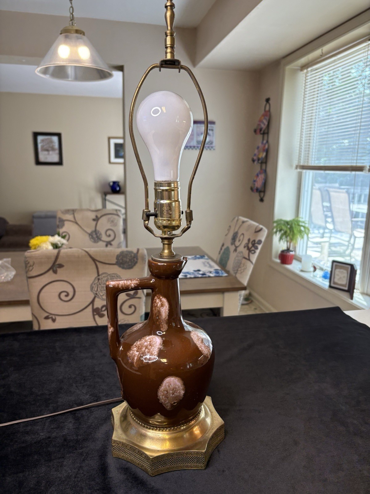 Vintage Table Lamp Brown Ceramic Jug Base Drip Glaze