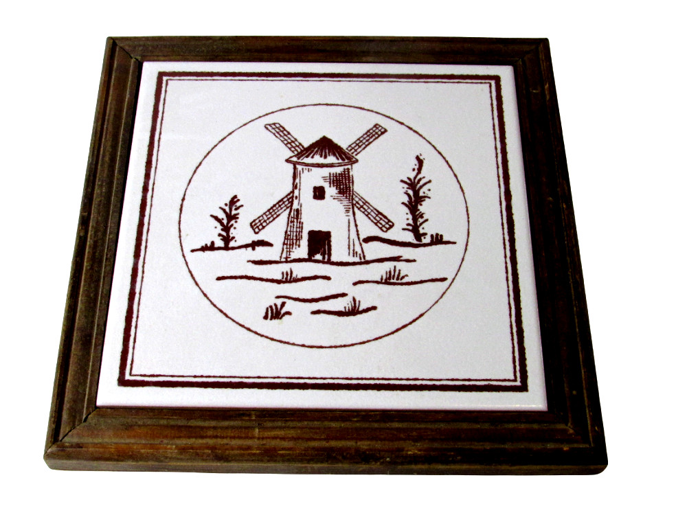 Tile Trivet Windmill Tan with Wood Frame Cottagecore 9.5″ x 9.5″