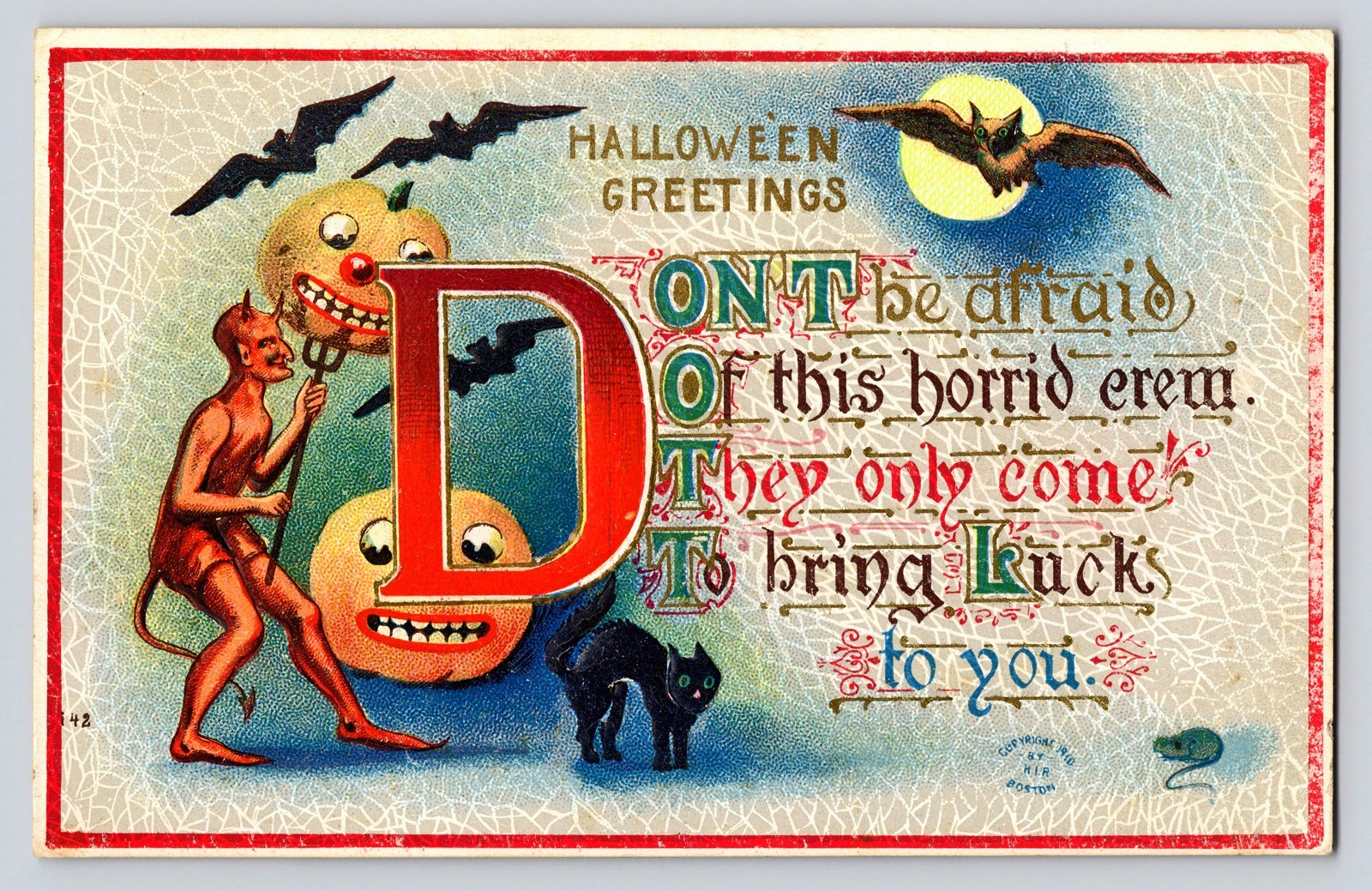 1910 Antique Halloween Postcard Devil Black Cat Bats JOLs Moon Owl Mouse Emboss