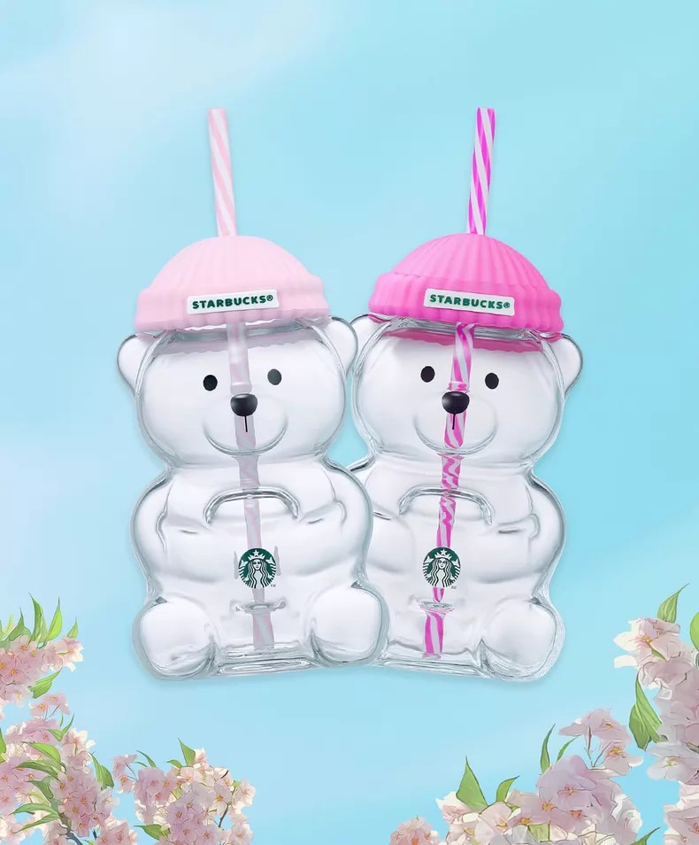 2026 Starbucks Pink and Rose Bear Glass Cold Cup with Straw, 20 oz (591 ml)