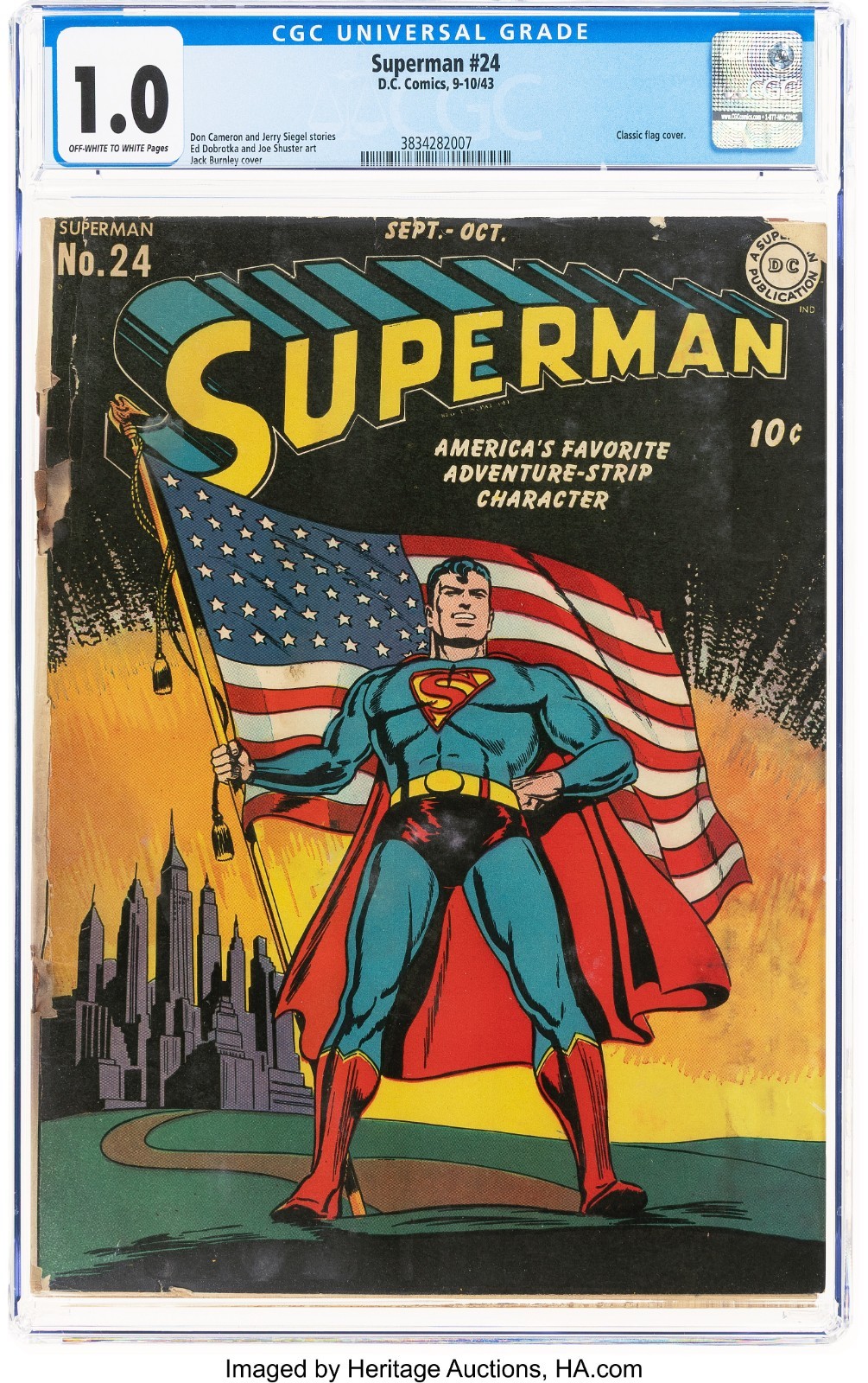 1943 D.C. Comics Superman 24 CGC 1.0. Classic Flag Cover