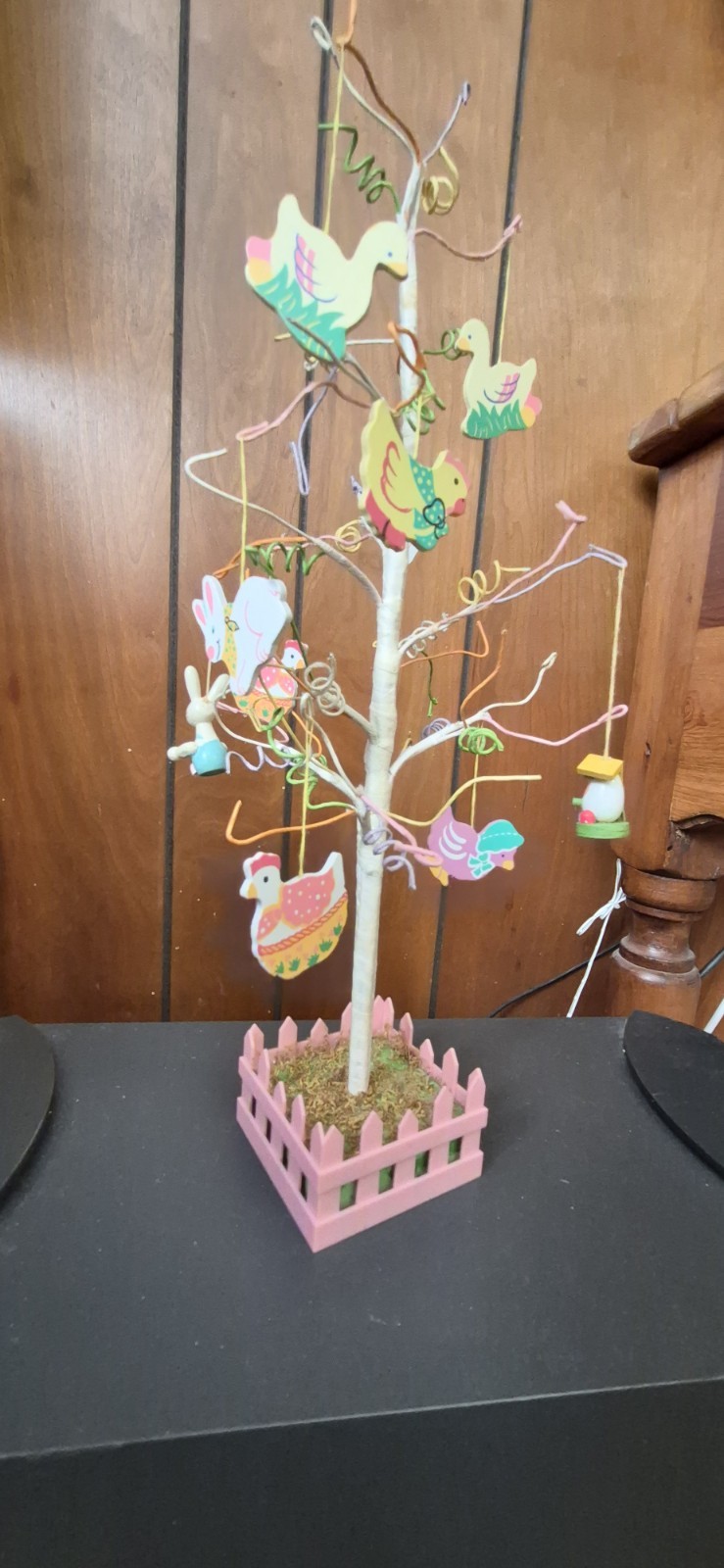 Mini Easter Tree with Pink Basket Base Charming Wooden Ornaments 15″ x 7″ x 3″