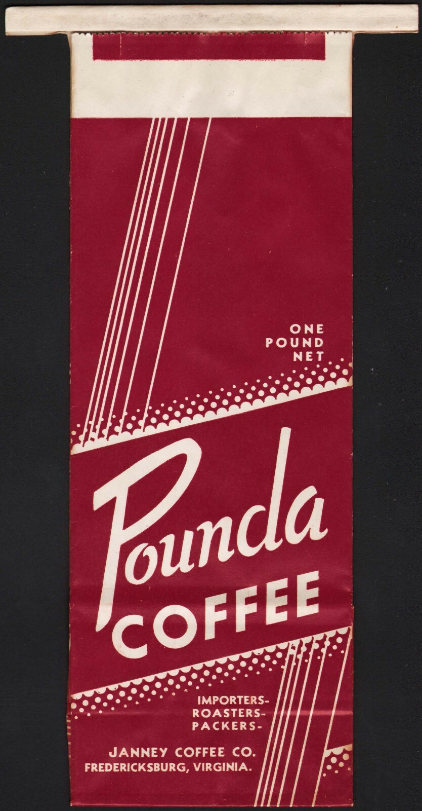 Vintage bag POUNDA COFFEE Janney Fredericksburg Virginia 1lb size unused n-mint