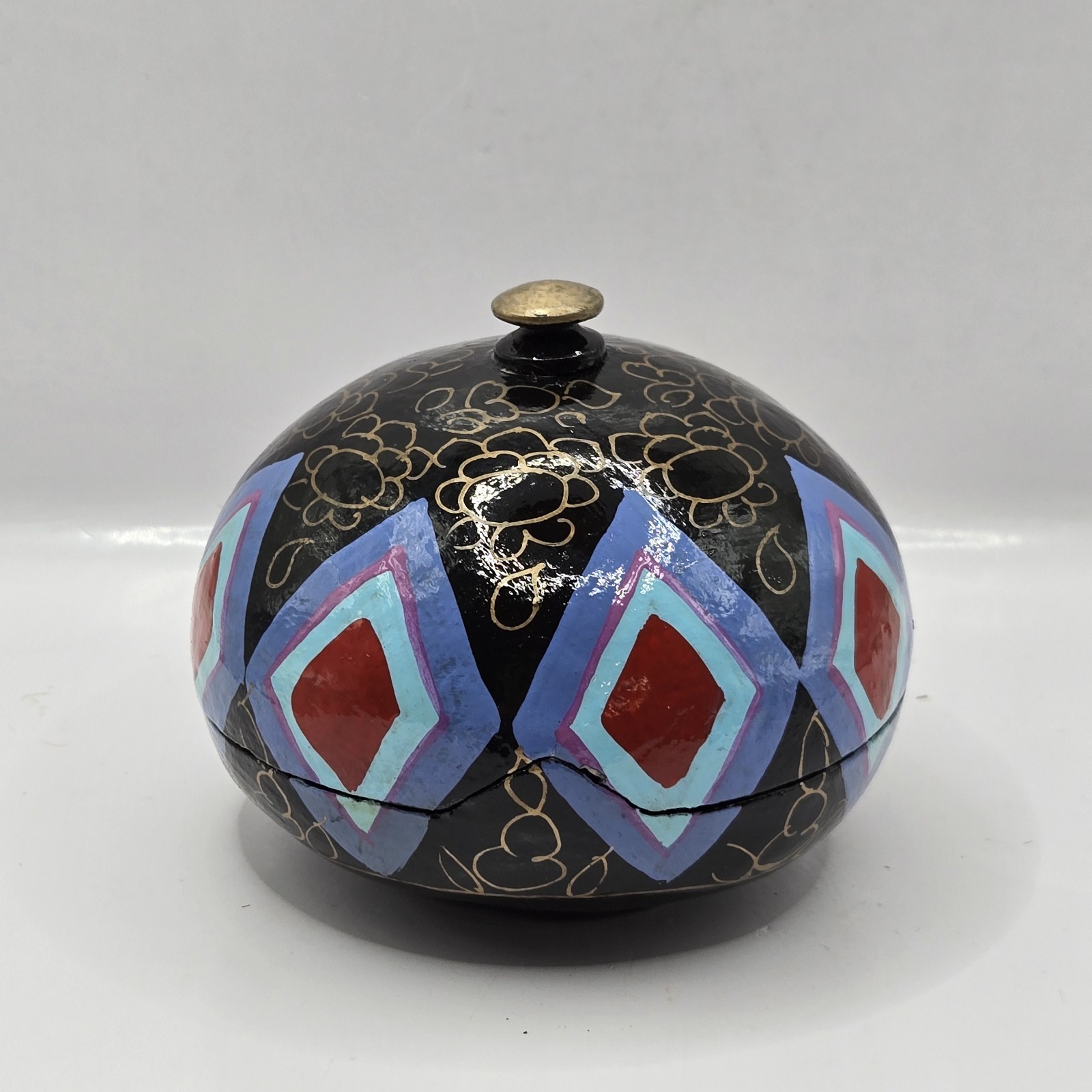 Vintage Paper Papier Mache Lacquer Trinket Box Hand Painted Round