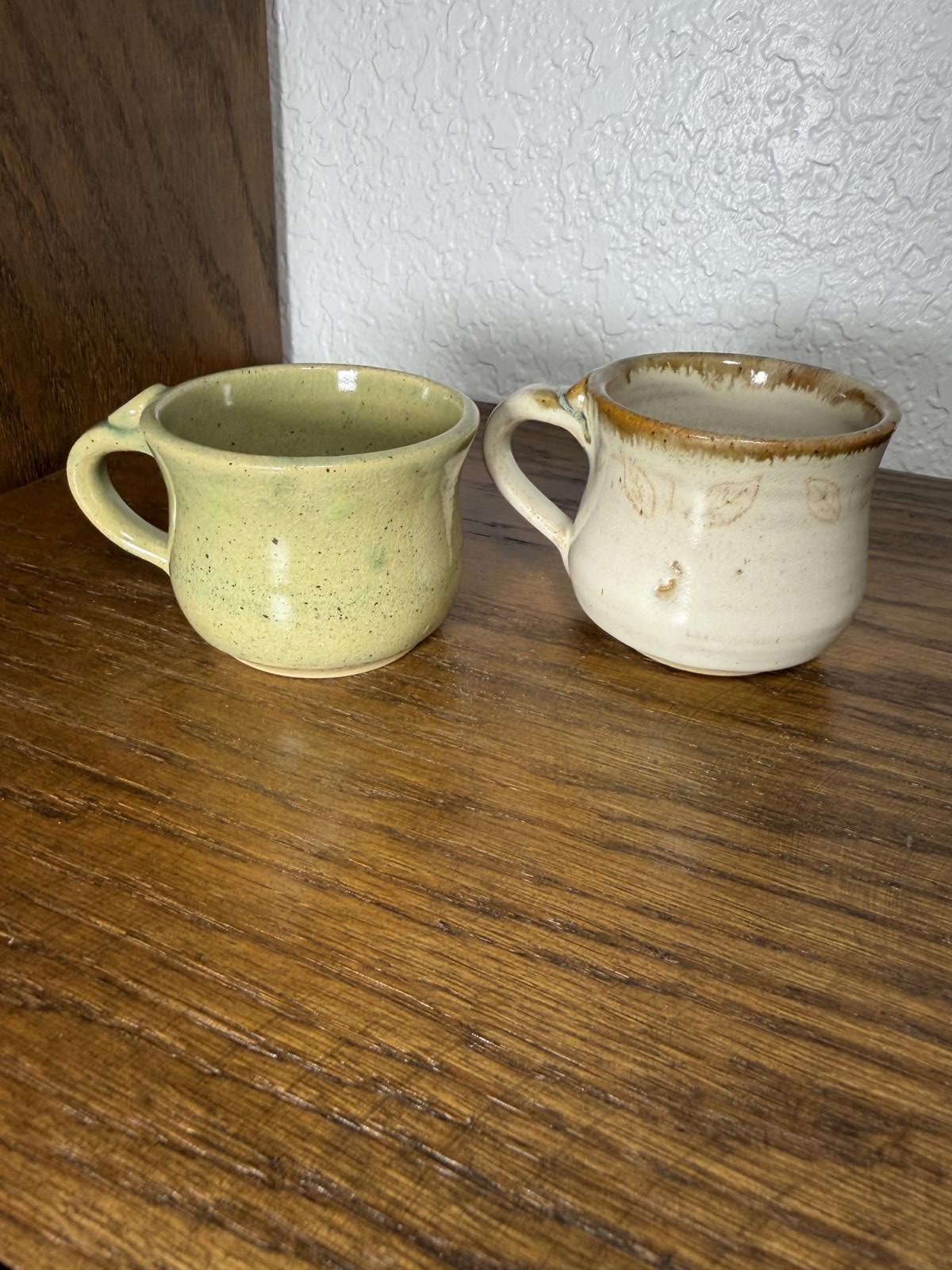 Set of 2 Handmade Pottery Espresso Mugs, Green Speckled & Cream Leaf Motif