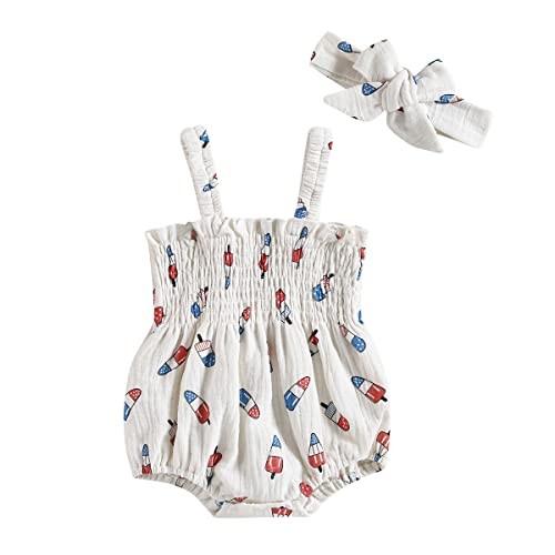 4th Of July Baby Girl Outfit American Flag Jumpsuit 3-6 Months Creamy White