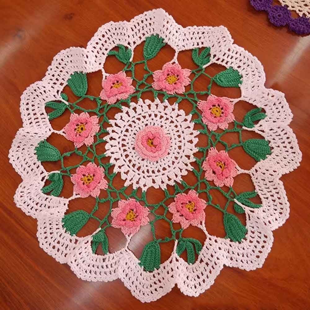 13-14in Pink Vintage Cotton Hand Crochet Doily Flower Tablecloth Round Table Mat