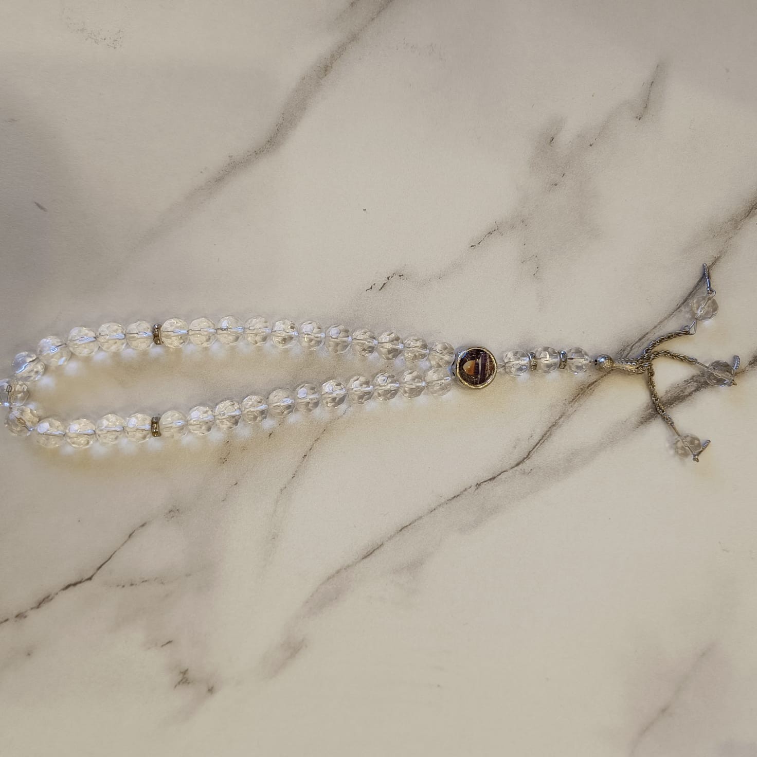 Clear Crystal Prayer Beads (Misbaha) with Dome of the Rock Medallion
