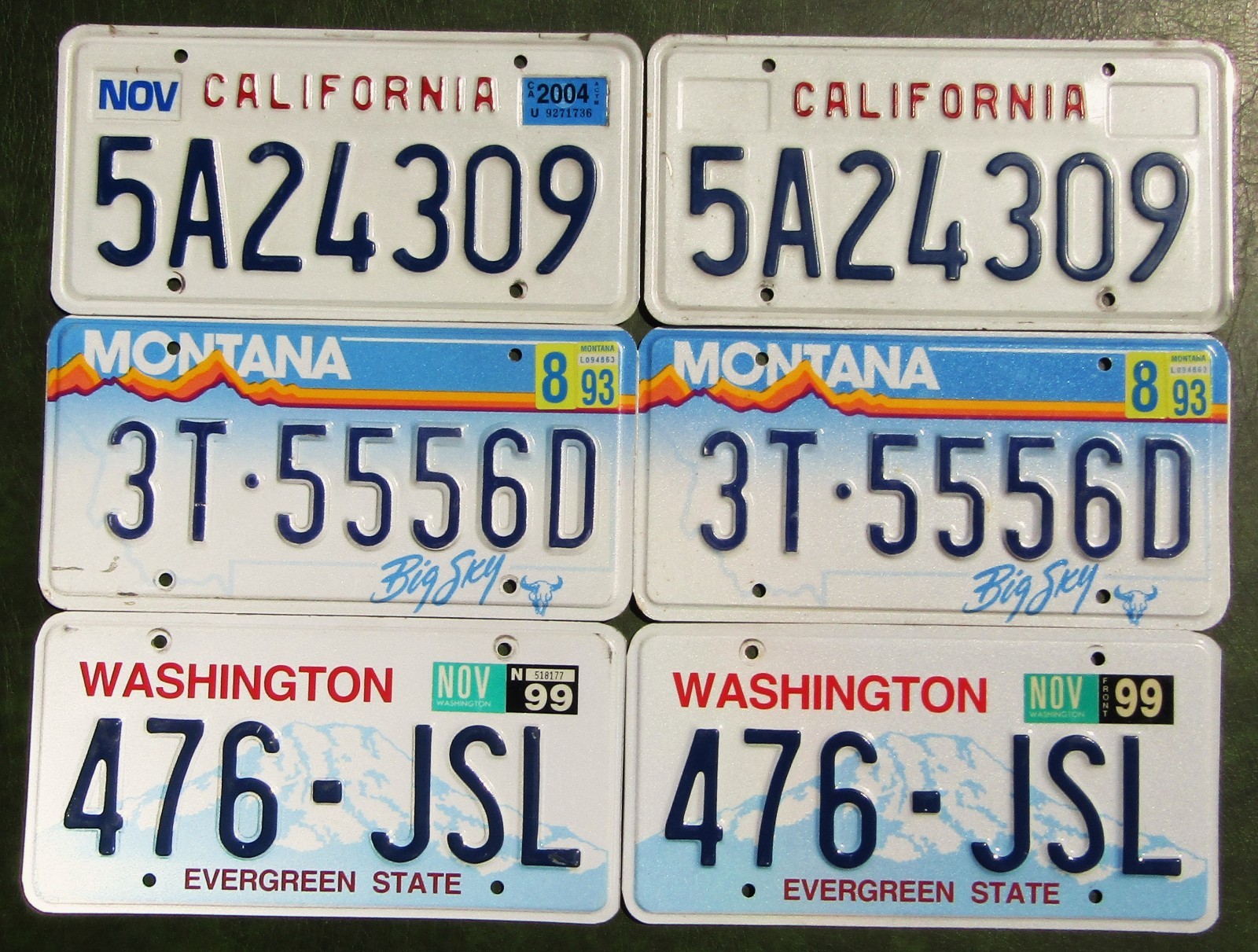 Bulk 3 States License Plate PAIRS – CA MT WA – 1993 1999 2004