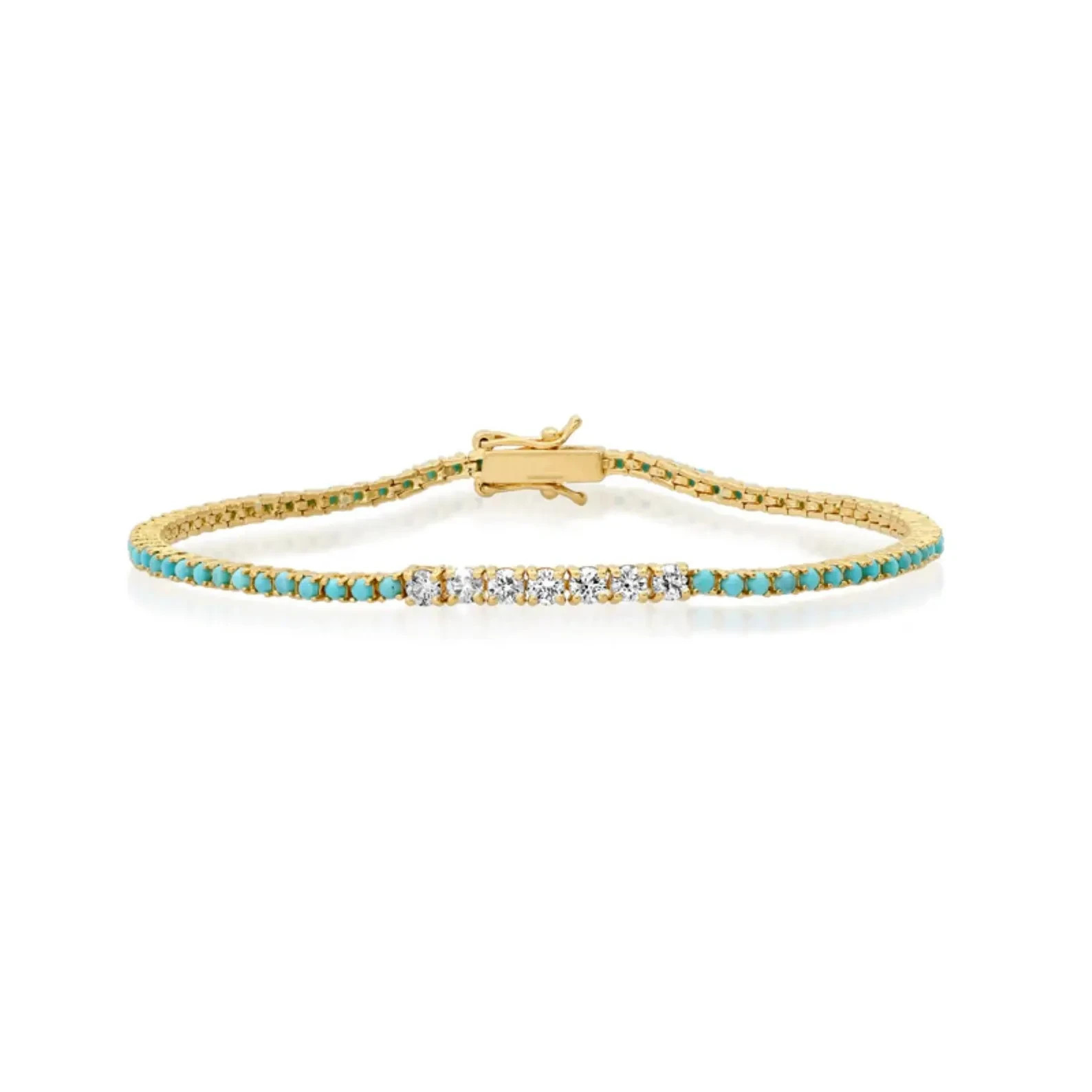 Turquoise & Diamond Delicate Stackable Tennis Bracelet 18K Yellow Gold Over 7″L