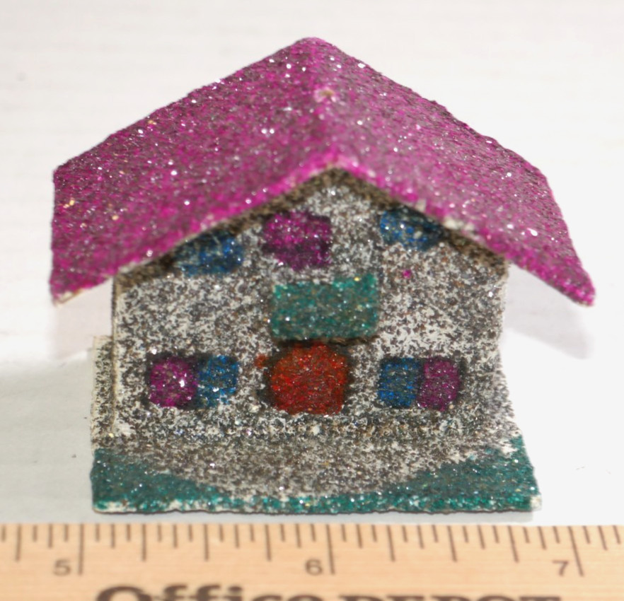 Set Of 5 Vintage Mini Putz Village Glitter Houses & Church-Japan Sticker