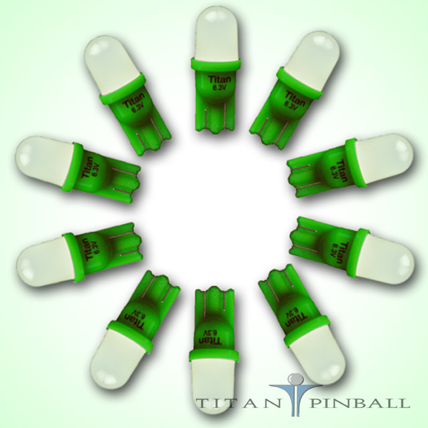 (10 Pack) – 6.3 Volt LED Bulb Frosted 555 Wedge Base (T10) Pinball – GREEN
