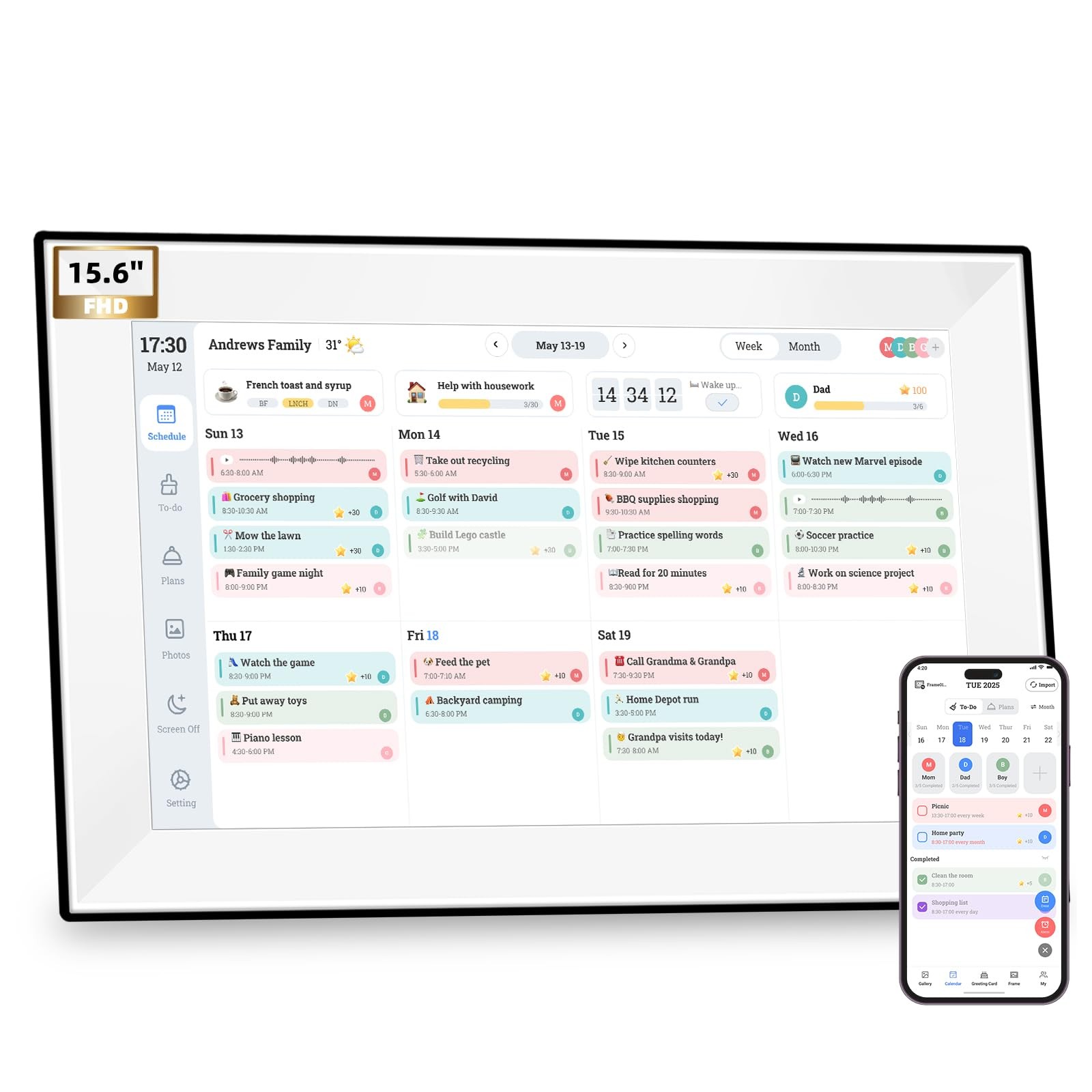 15.6″ Wall Digital Calendar,Electronic Calendar,Chore Chart/Meal Planner, Ach…