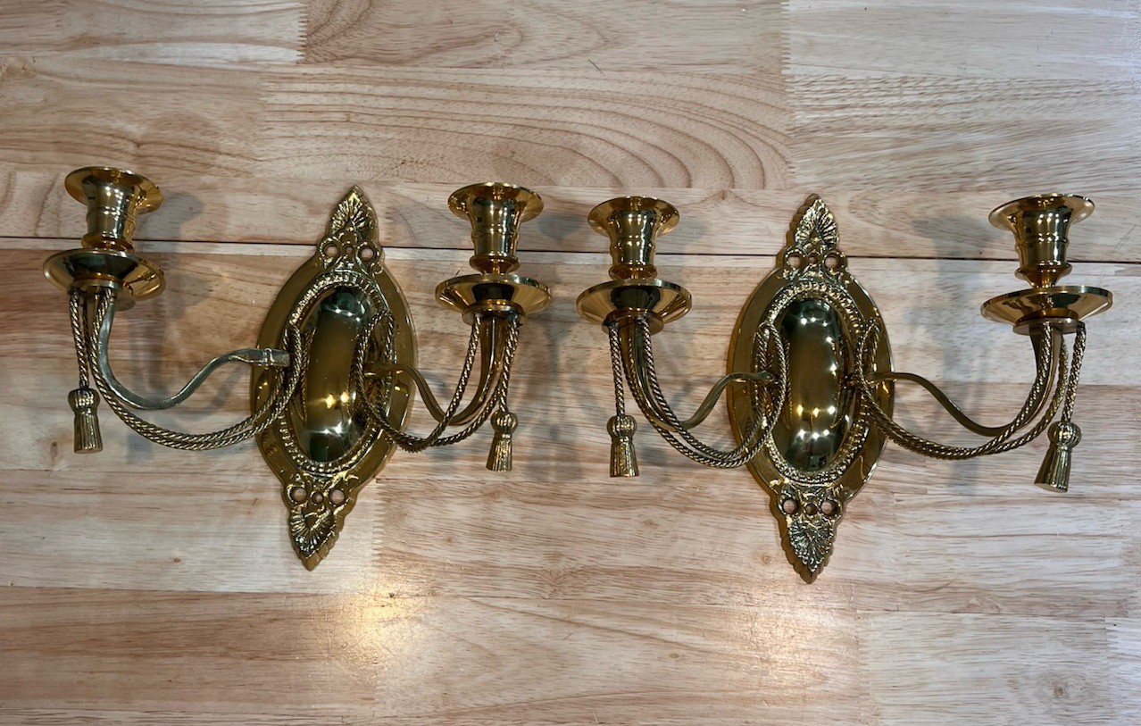 2 VTG 8″ Solid Brass 2-Arm Candle Polished Gold Finish Hollywood Regency