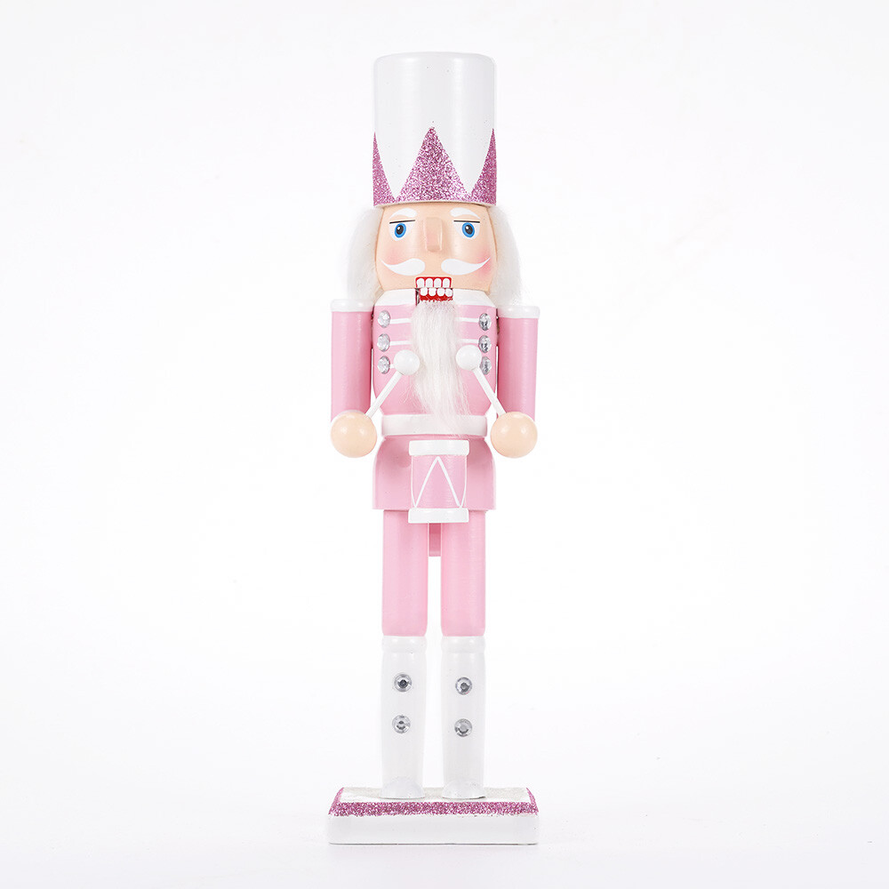 12” Pink Drum Nutcracker Soldier Wooden Christmas Vintage Decor Gift Cute NEW