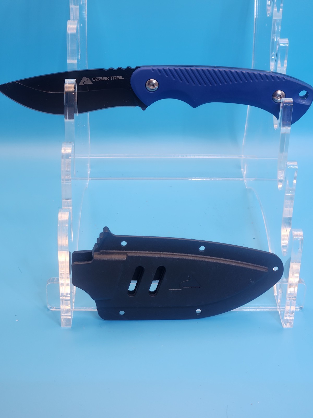 Ozark Trail 7.5in Fixed Blade Knife Vintage Sheath Blue Handle Hunting EDC