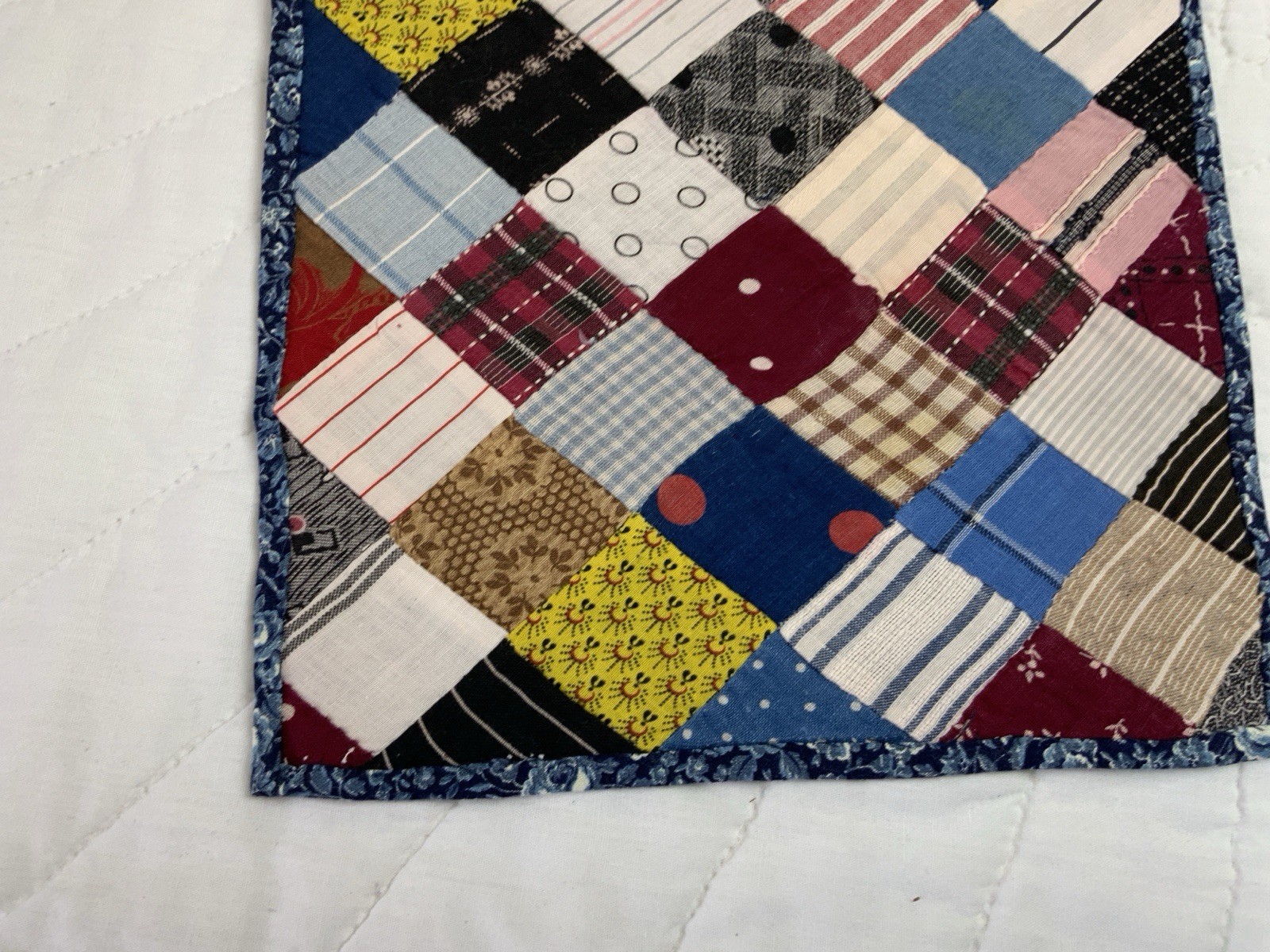 Vintage Patchwork Quilt Table Topper, Four Patch, Early Calico Prints, Blue, Red