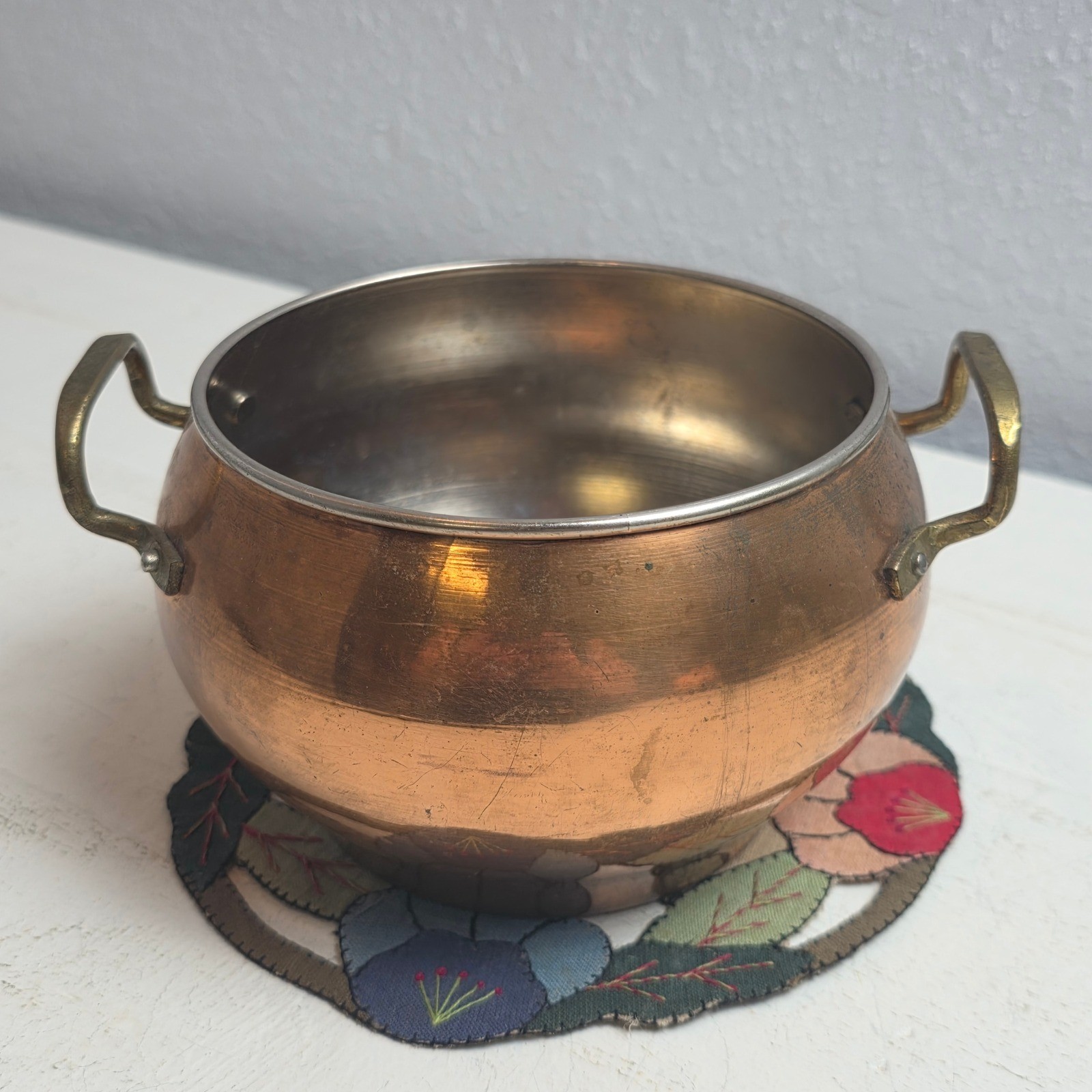 Vintage Small Copper Pot Stainless Steel Lined Brass Handles Round Cauldron Bowl