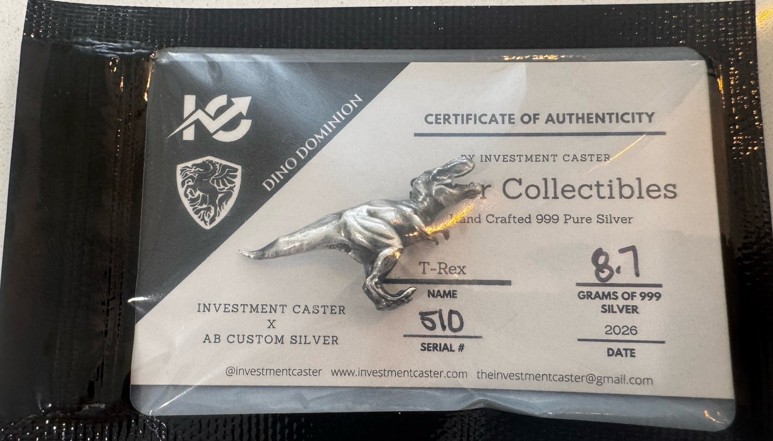 Caster’s Collectibles Dino Dominion T-Rex 8.7g .999 Silver Figurine 2026 COA 🔥