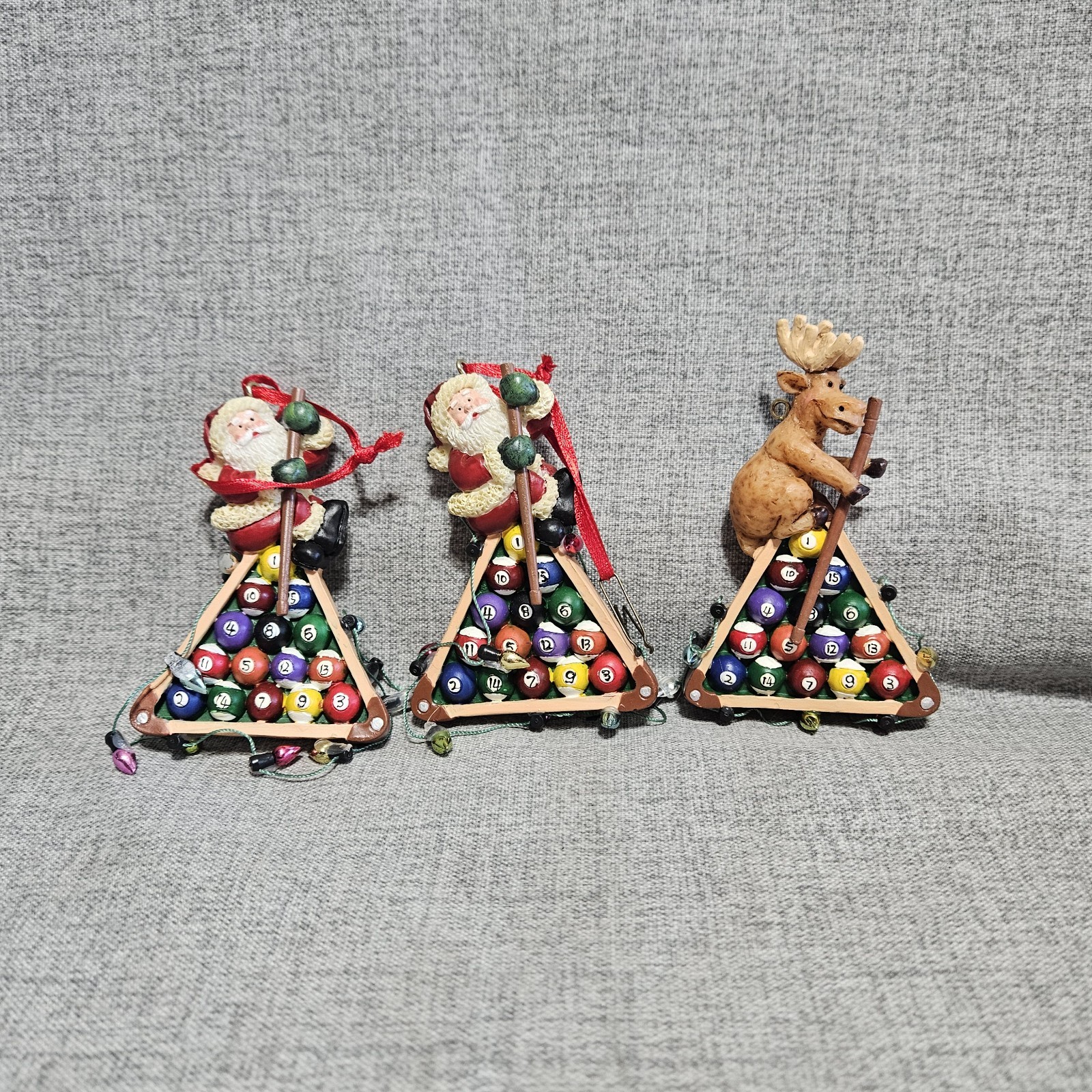 Billiard Ball &Rack Santa & Moose Ornaments Set Of 3 Man Cave Pool Hall