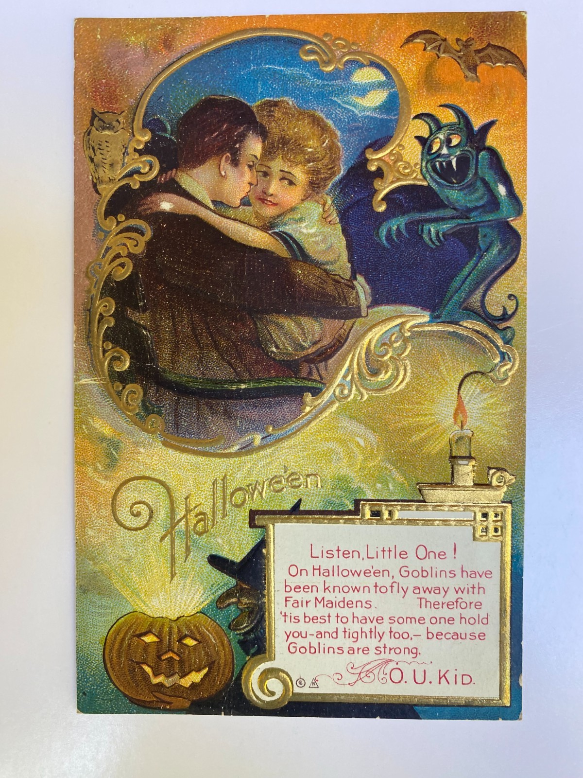 Vintage 1911? E. NASH OU KID Halloween Postcard Lovers Goblin Owl Witch Series 6