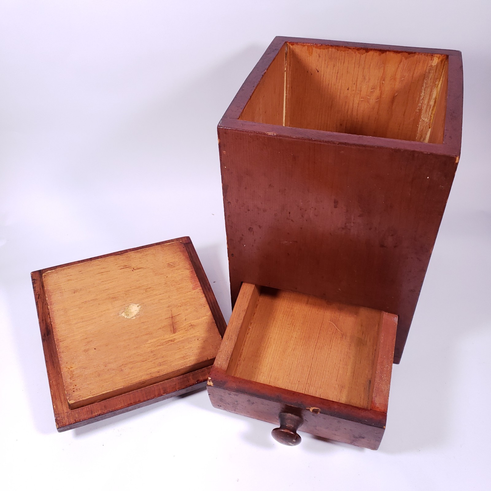 Primitive Farmhouse Hand Crafted Solid Wood Square Canister With Drawer SET