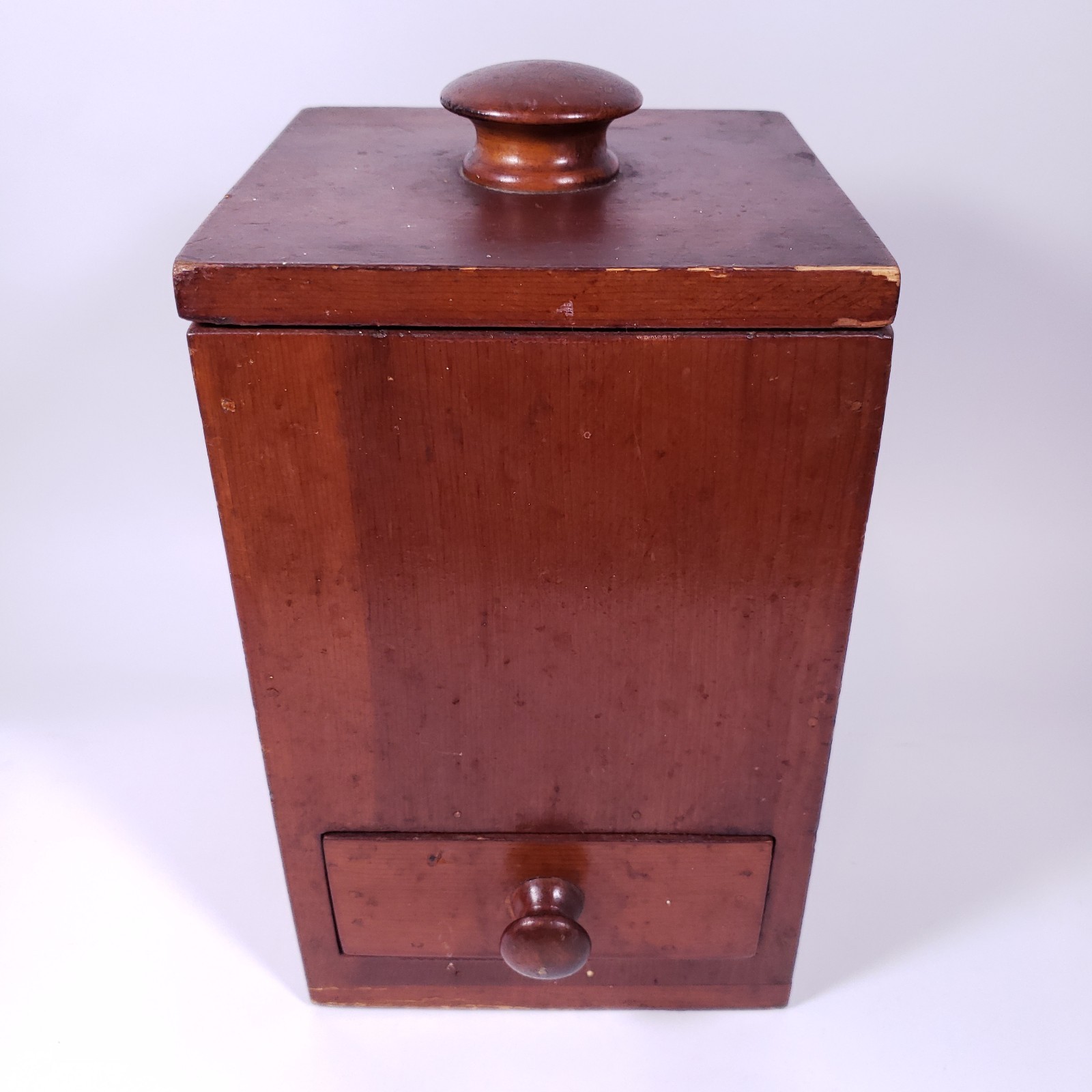 Primitive Farmhouse Hand Crafted Solid Wood Square Canister With Drawer SET