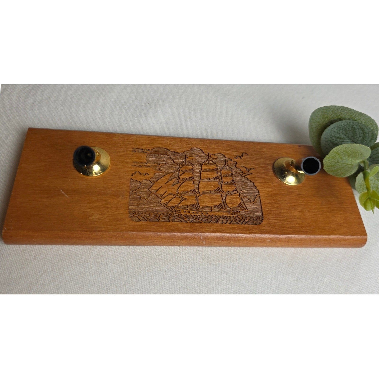 Vintage Wood Double Pen Stand Nautical Clipper Ship Carving Brass Tone Holders