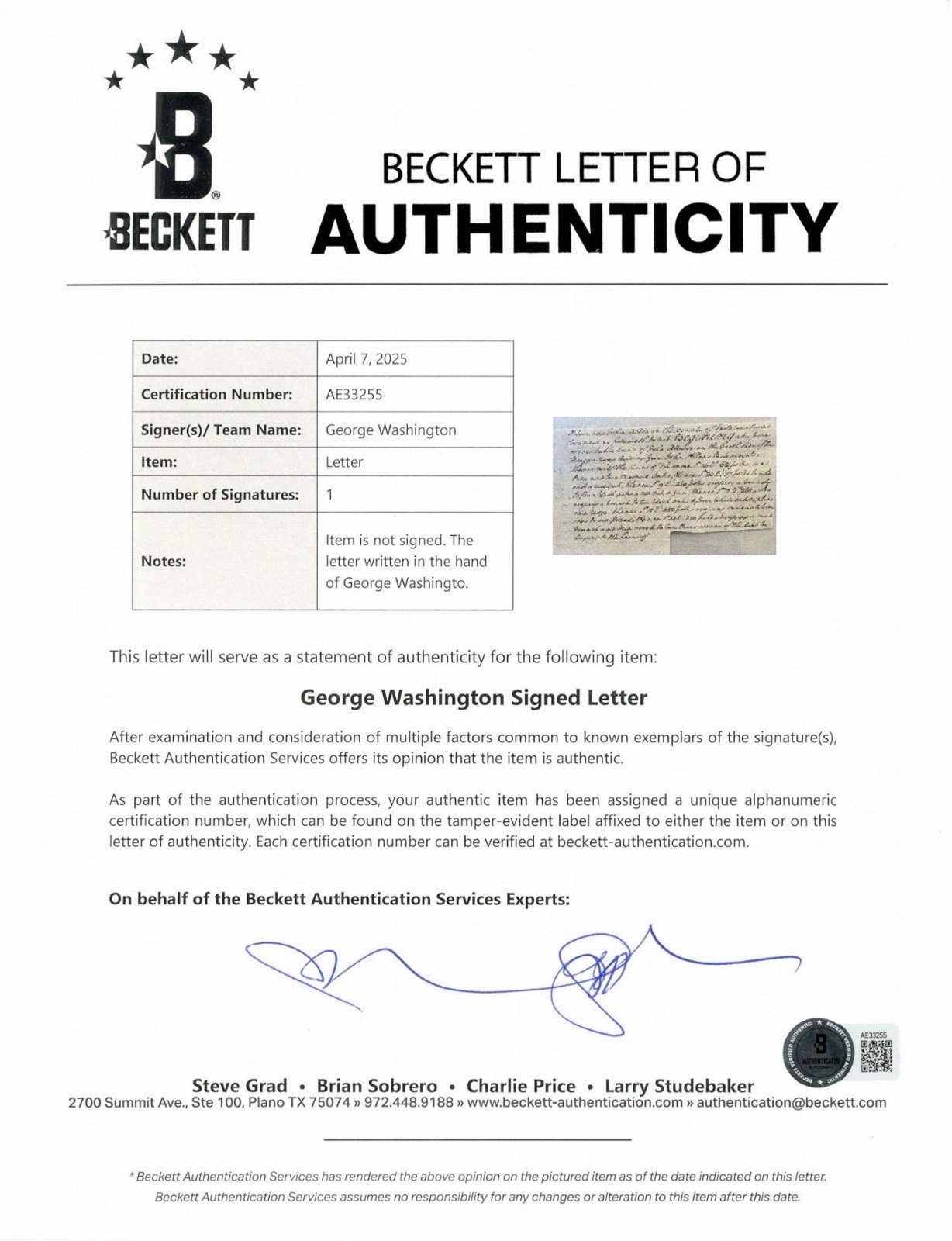 George Washington Authentic Handwritten Word Relic | A Word From POTUS