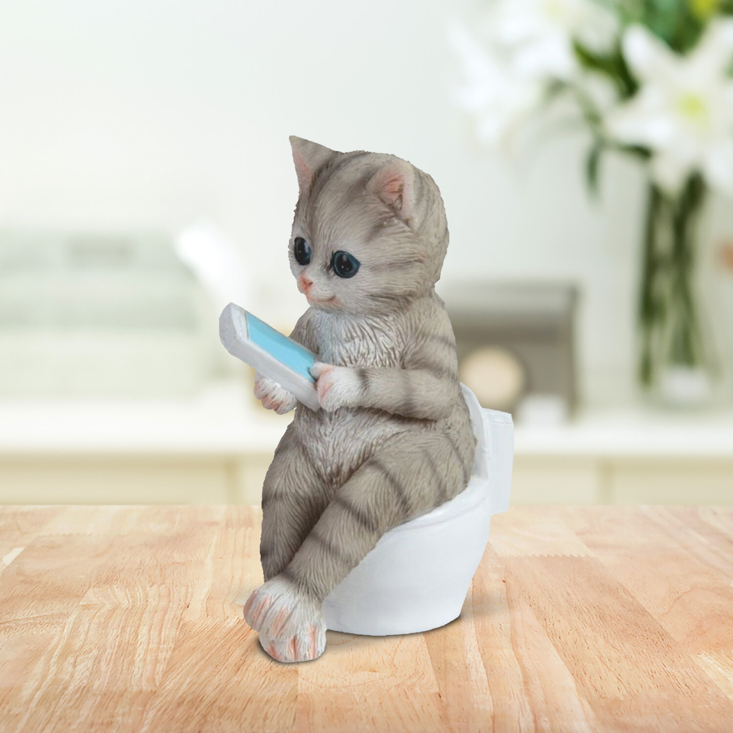 Grey Tabby on Toilet 4.25″H Cat Figurine Ornament Home Decor Unique Gift