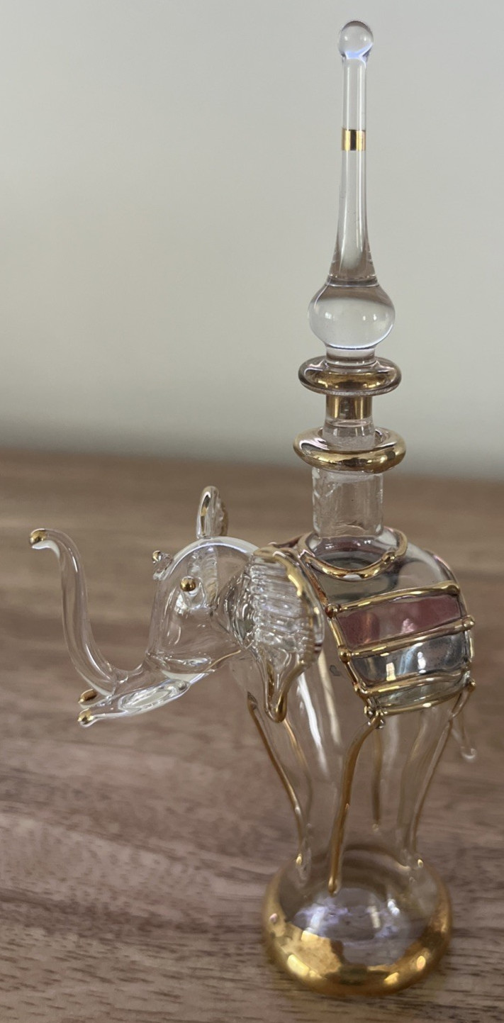 Egyptian Mouth Blown Glass Perfume Elephant Design Bottle Gold Accents 5 1/4″