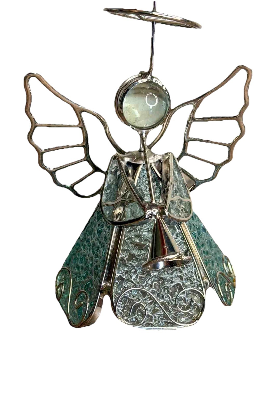 Glass Angel Ornament Green Hanging Christmas Tree Decor Suncatcher 4” Gift