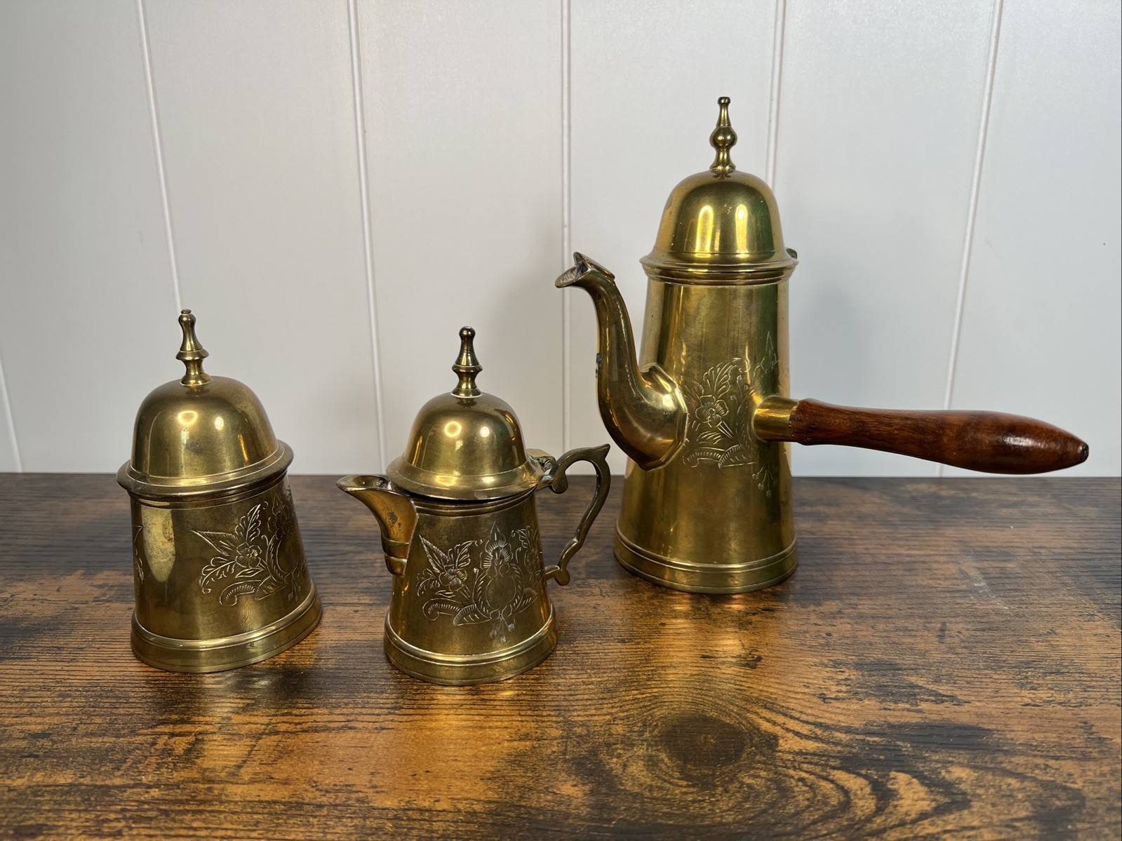 Vintage Brass Turkish Coffee Pot with Wooden Handle Brass Rustic Antique Collect