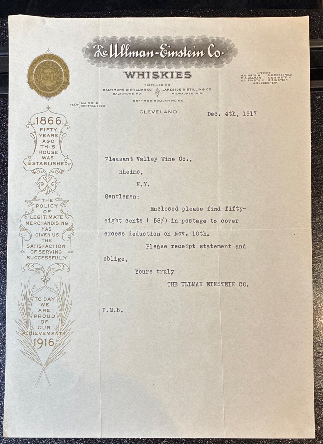 CLEVELAND, OH ~ THE ULLMAN-EINSTEIN & Co., Whiskies, Jewish ~ Illus. Letter 1917