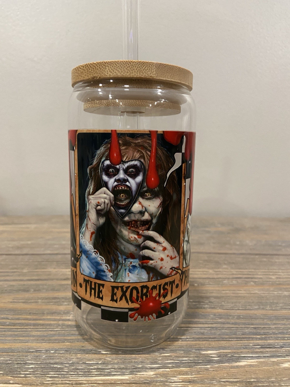 HORROR 16 oz GLASS TUMBLER WITH BAMBOO LID & GLASS STRAW
