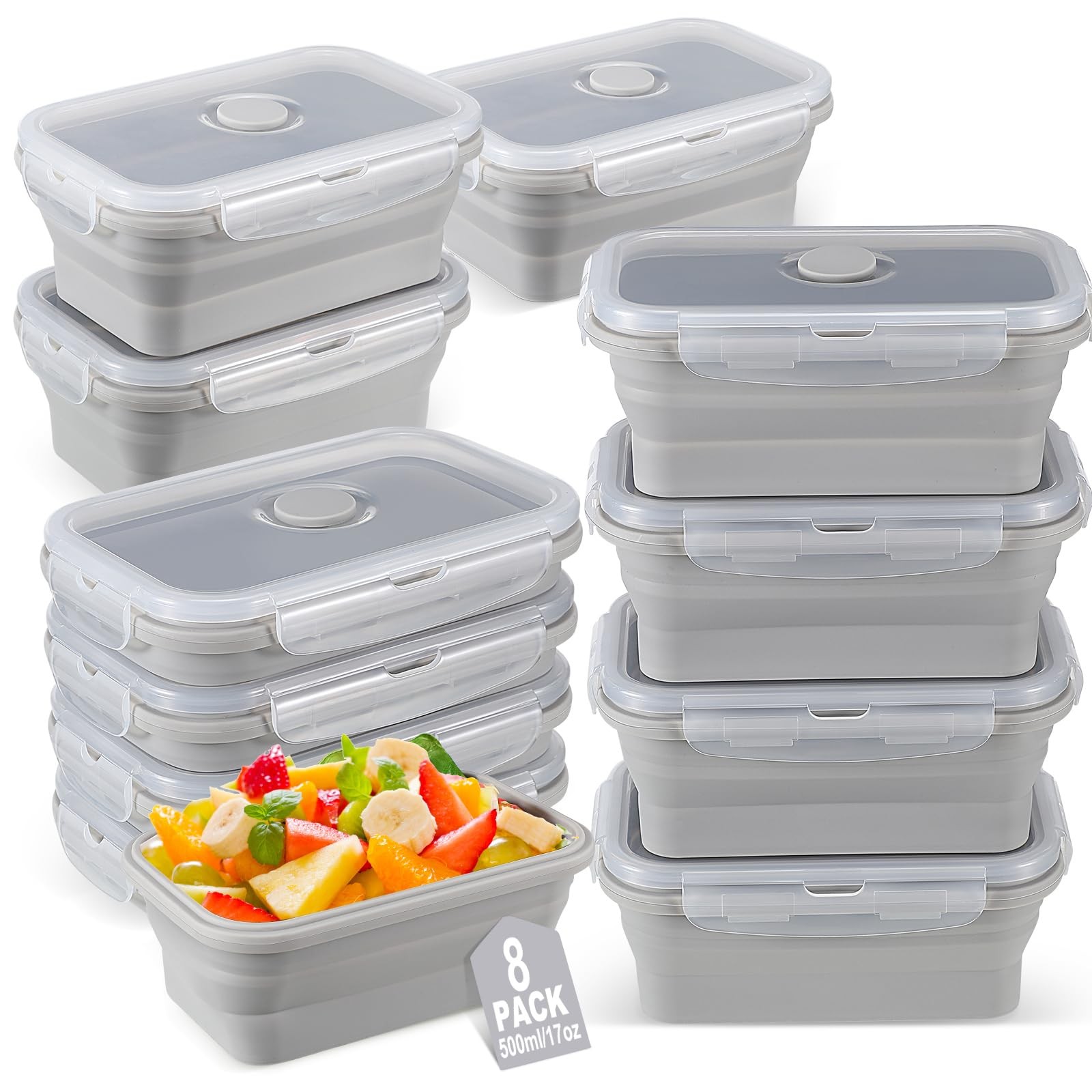 Mifoci Set of 8 Silicone Collapsible Bowls for Camping 17 oz/ 500 ml, Gray