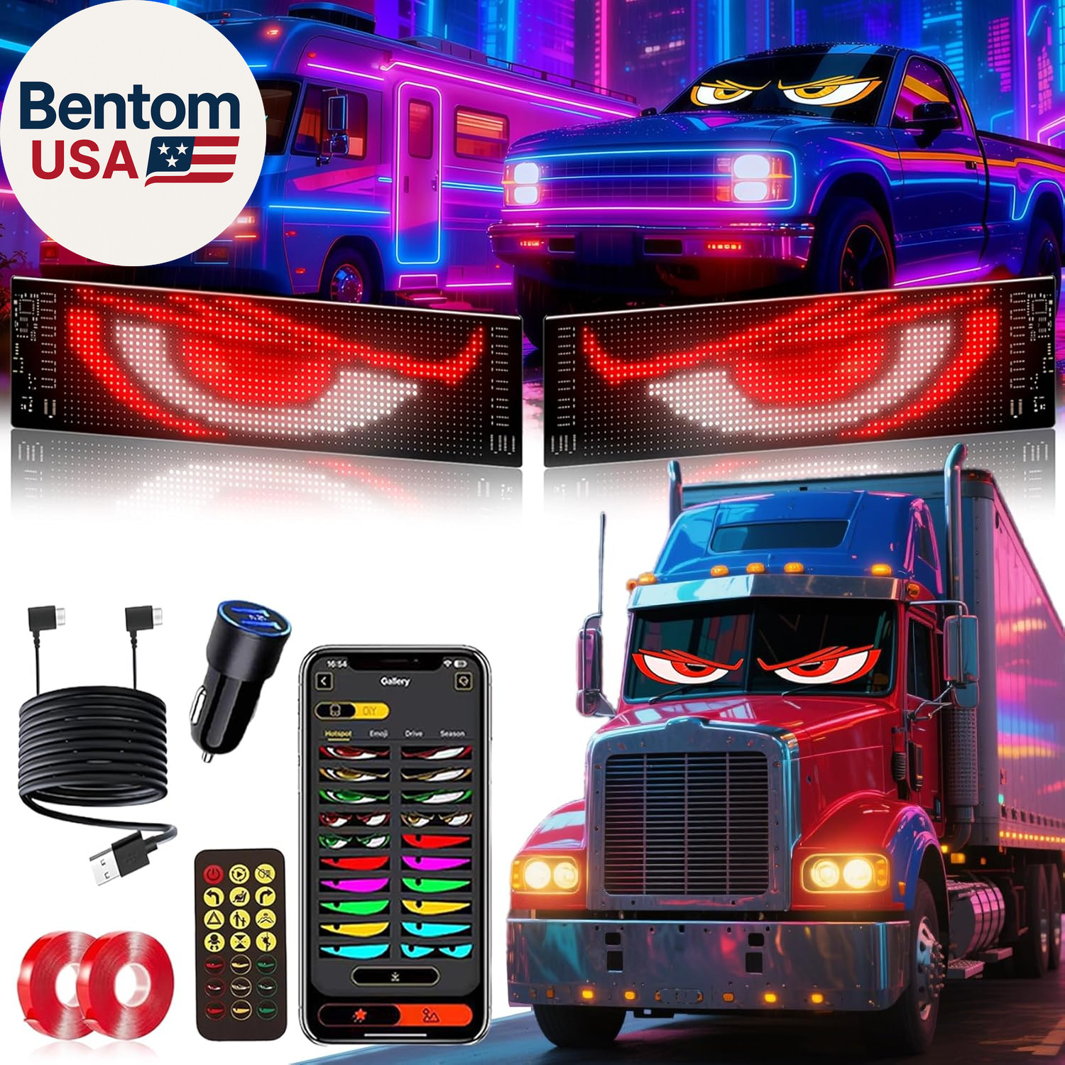 2PCS 23″X5″ Devil Eyes Light for Windshield-Dual Screen Sync, Led Eyes for Cars/