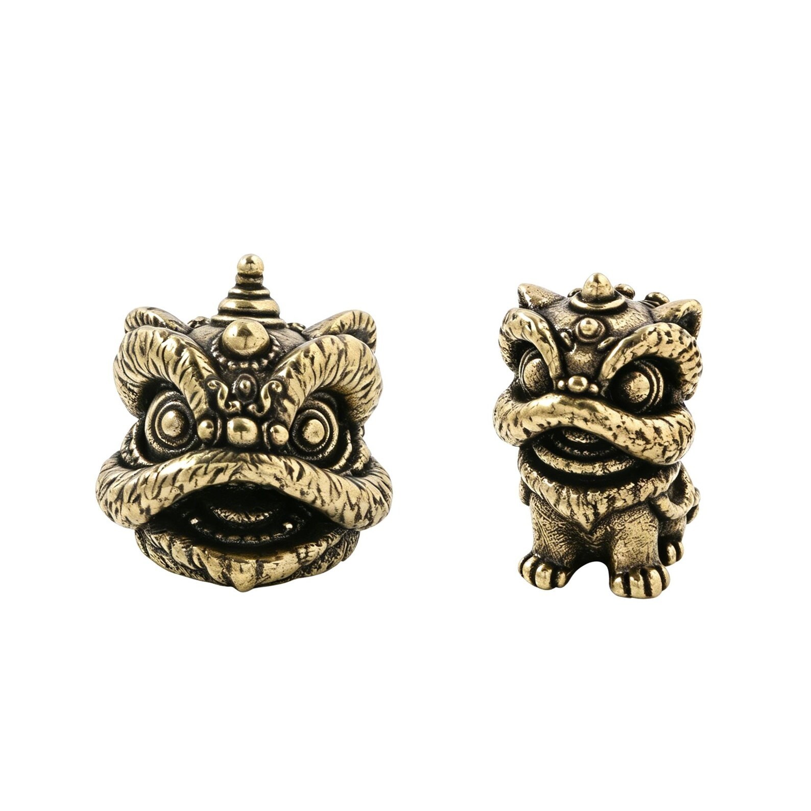 Vintage Solid Brass Chinese Lion Figurine Set, Dance Lion Head Statue Ornament