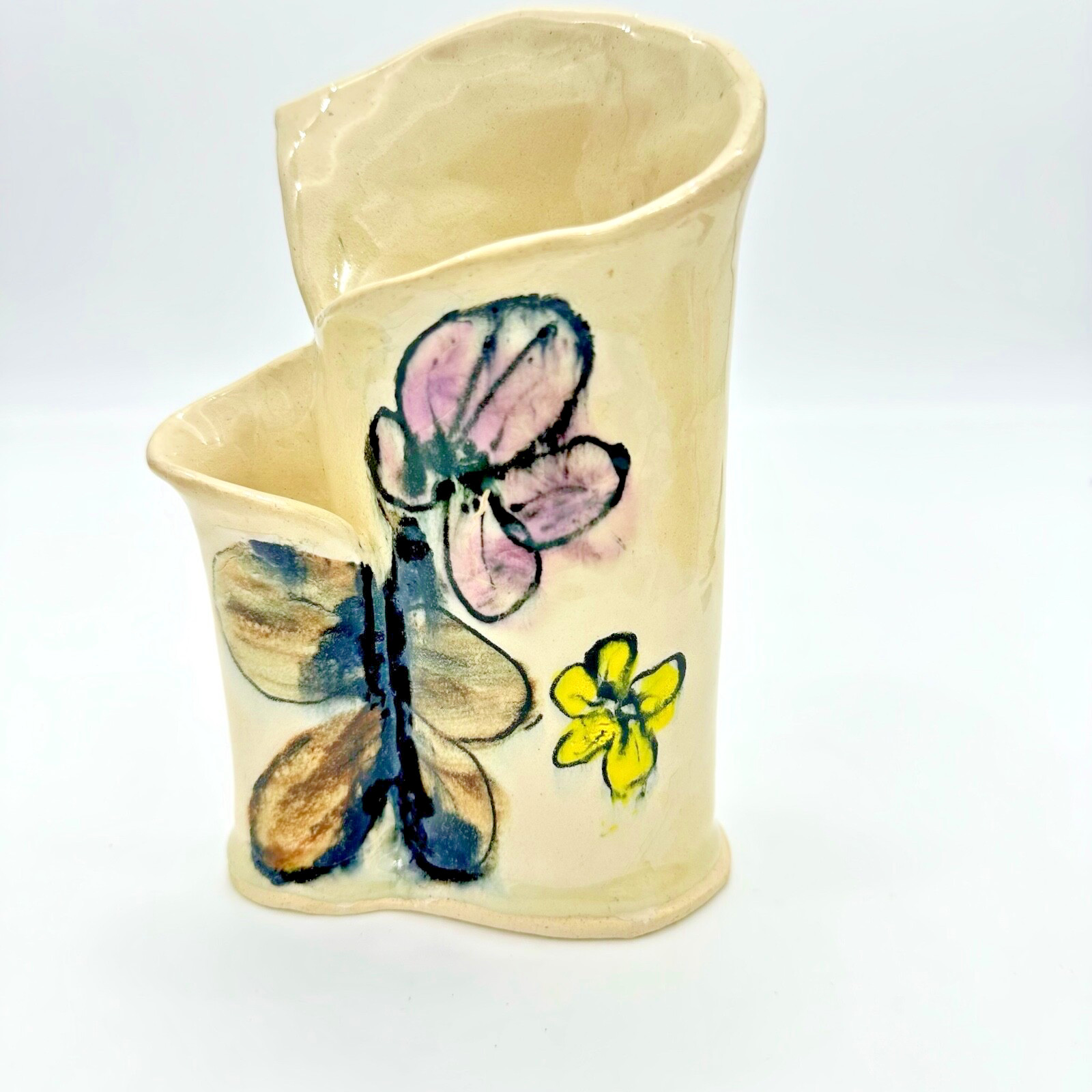 Vtg Studio Art Pottery Signed Double Vase Asymmetrical Hand-Painted Floral Moder
