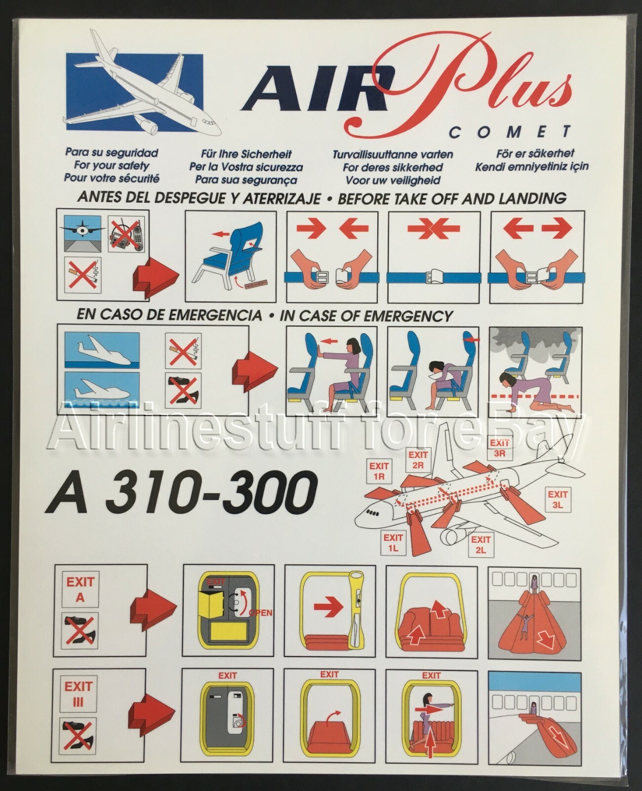 1997 AIR PLUS COMET Airbus A310-300 SAFETY CARD Spain airlines airways widebody
