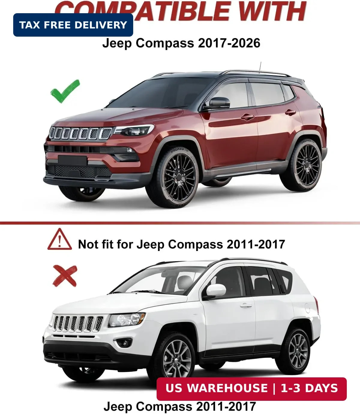 Outside-Mount Window Rain Guards Fit for Jeep Compass 2017-2026, Extra Durable W