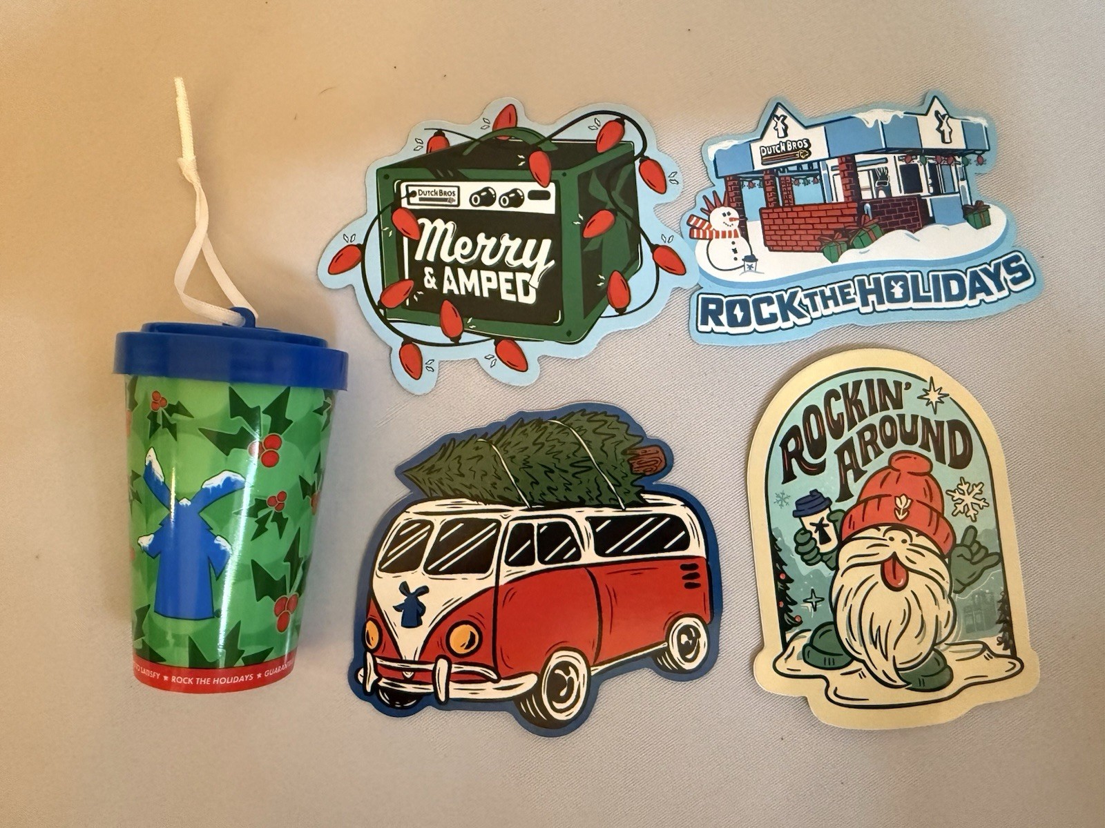 LOT of 4 Holiday Winter Dutch Bros Stickers & Christmas Ornament Dutch Brothers