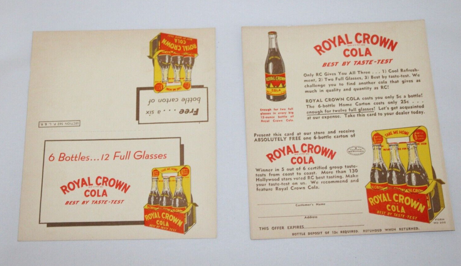 RC ROYAL CROWN COLA Vintage Bottle Carton Drink Coupon Card Sign Lot of 2