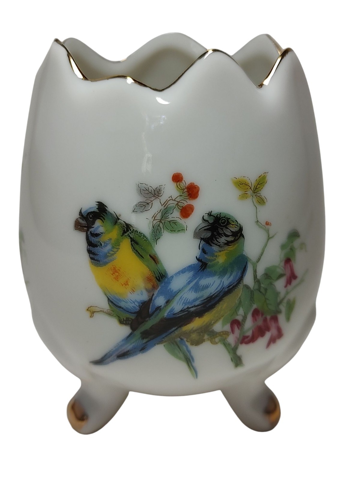 Small Cracked Porcelain Egg With Birds Three Legged Gold Trim Japan Vintage SEE